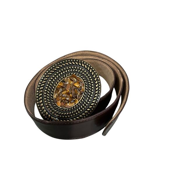 Vintage Y2K Brown Leather Belt Boho Oval Natural Stone Bronze Buckle Sz M - Picture 1 of 7